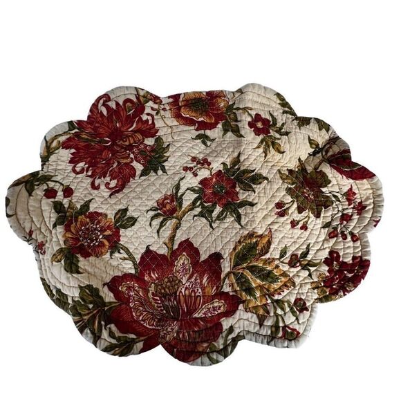 Floral Design Reversible Stripped Cut Placemats Set Of 2 Scallop Edge Fall Color - Picture 3 of 4